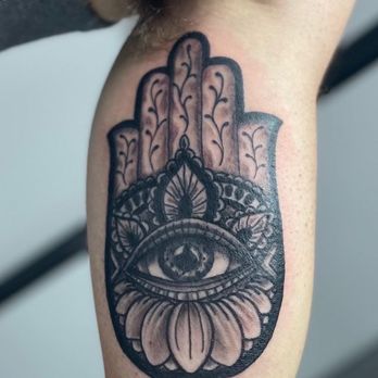 The Tattoo Jar - This is a Hamsa hand in black and gray - Tattoo Near Me - Mansfield, Massachusetts The Tattoo Jar - This is a Hamsa hand in black and gray - Tattoo Near Me - Mansfield, Massachusetts