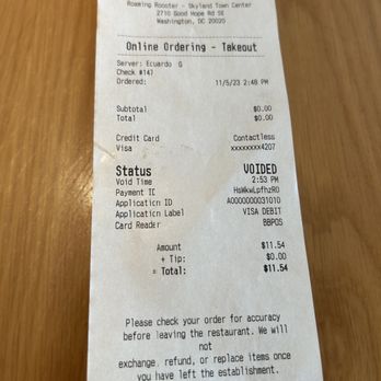 Roaming Rooster - This is not a confirmation of refund, this is a confirmation of a voided transaction - Halal Near Me - Washington, DC, District of Columbia