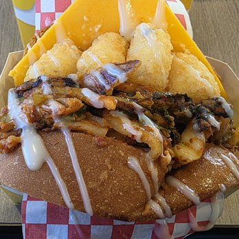 Buldogis Eatery - Kimchi, Egg, Cheese with Tator Tots Egg Drop - Hot Dogs Near Me - Las Vegas, Nevada Buldogis Eatery - Kimchi, Egg, Cheese with Tator Tots Egg Drop - Hot Dogs Near Me - Las Vegas, Nevada