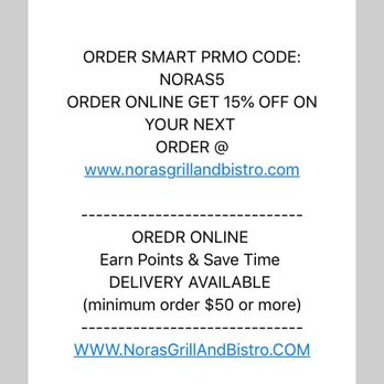 Nora’s Grill & Bistro - Let the transaction through and didn't say $50 Minimum until AFTER I order - Middle Eastern Near Me - Eldersburg, Maryland Nora’s Grill & Bistro - Let the transaction through and didn't say $50 Minimum until AFTER I order - Middle Eastern Near Me - Eldersburg, Maryland