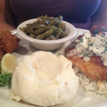 Pine Tree Lodge - Blackened Tilapia w/Crab Meat. The best green beans ever and mash potatoes - Seafood Near Me - Beaumont, Texas