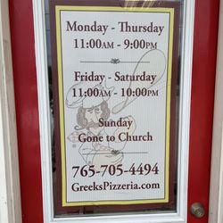 Greek's Pizzeria - Hours for the restaurant