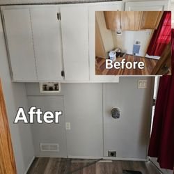 Chain Breakers Restoration - Home transformation: patch dog door hole, prime & paint walls & cabinets, install new vinyl flooring.