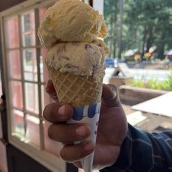 The Ice Cream Shop - Waffle cone with ONE scoop! Yes, ONE scoop! They do half and half flavors!