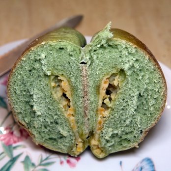 Rainbow Bakery - Matcha Salted Egg Yolk Bun (cut in half): $2.25 - Desserts Near Me - Flushing, New York