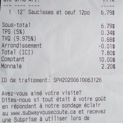 Subway Restaurants - 10 juin 2020 / Petit déjeuner $7.80 avec taxes (12 pouces oeuf et saucisses)