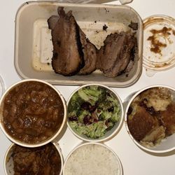 Mighty Quinn's Barbeque - Brisket, pulled pork, beans, rice, broccoli salad, cornbread, cinnamon bun bread pudding