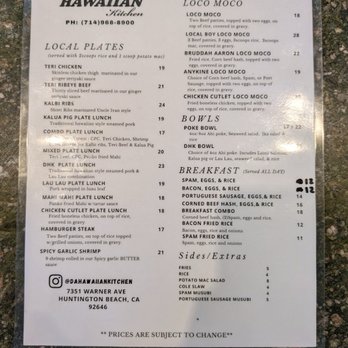 Da Hawaiian Kitchen - Menu on 7/3/26 - Hawaiian Near Me - Huntington Beach, California