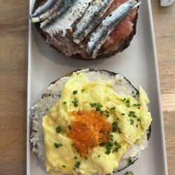 Smögen Appetizers - Salmon mousse soft scramble, Sicilian