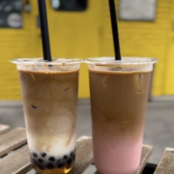 Rise Coffee And Boba - A large iced caramel macchiato with boba (left) and a large iced latte with raspberry flavoring (right) - Coffee & Tea Near Me - Escondido, California Rise Coffee And Boba - A large iced caramel macchiato with boba (left) and a large iced latte with raspberry flavoring (right) - Coffee & Tea Near Me - Escondido, California