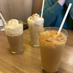 Stacked Pancake & Breakfast House - Iced dirty chai, iced cookie butter with whipped cream, iced tiramisu with whipped cream