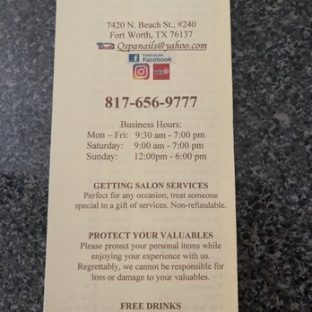 Q Spa Nails - Back of menu - Nail Salons Near Me - Fort Worth, Texas Q Spa Nails - Back of menu - Nail Salons Near Me - Fort Worth, Texas