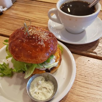 Commune - Breakfast happy hour with sausage & pimiento sandwich and a side of herbed aioli. - Cafes Near Me - Virginia Beach, Virginia