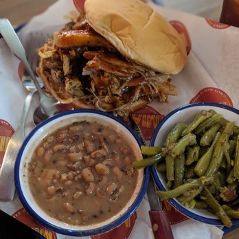 Mia's Table - Pulled pork with black-eyed peas and green beans. - American Near Me - Webster, Texas Mia's Table - Pulled pork with black-eyed peas and green beans. - American Near Me - Webster, Texas