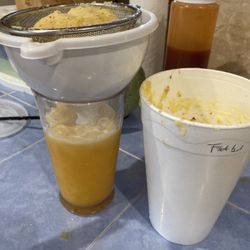 Frutties & Munchies - Pulp and juice in my home glass vs the liter size.