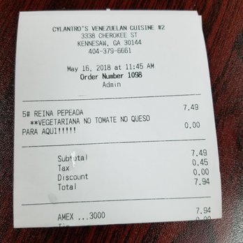 Cylantro's - Per my latest review. Here is the charge for an arepa with lettuce. No customer service or accommodation for vegetarians. - Venezuelan Near Me - Kennesaw, Georgia Cylantro's - Per my latest review. Here is the charge for an arepa with lettuce. No customer service or accommodation for vegetarians. - Venezuelan Near Me - Kennesaw, Georgia