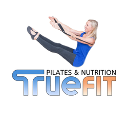 TrueFit Pilates and Training Center - logo with Jenn in pilates teaser exercise