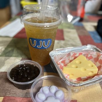 UJU - Honey chia green tea 75% sweet with boba, ube paw pudding, and cheese flan. - Bubble Tea Near Me - San Jose, California