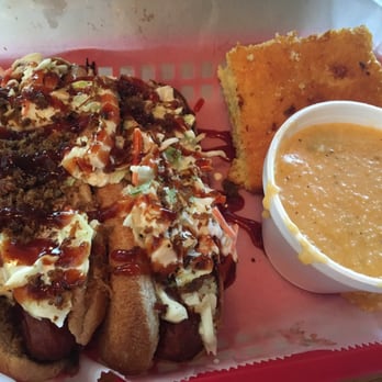Eli's BBQ - Riverside - Hot dogs, jalapeño grits and cornbread. Out of this, don't miss the grits! They are delicious! - Barbeque Near Me - Cincinnati, Ohio