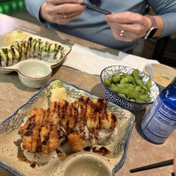 Caterpillar toll, popcorn shrimp, edame, miso soup