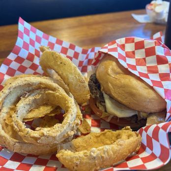 Blue Mound Cafe - Saginaw - Mushroom Swiss burger with hand breaded onion rings. - Breakfast & Brunch Near Me - Saginaw, Texas Blue Mound Cafe - Saginaw - Mushroom Swiss burger with hand breaded onion rings. - Breakfast & Brunch Near Me - Saginaw, Texas