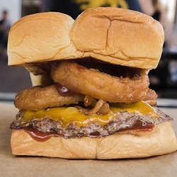 Dog Haus - RINGER - cheddar cheese, smoked bacon, onion rings, bbq sauce