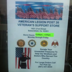American Legion Bakersfield Post No 26 - Flier in store window. For large donation pickup call: 661) 331-6045.