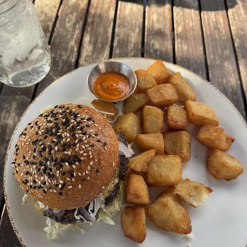 peasants FEAST - Lil' McFeast (smash burger) with crispy potatoes - American Near Me - Solvang, California peasants FEAST - Lil' McFeast (smash burger) with crispy potatoes - American Near Me - Solvang, California