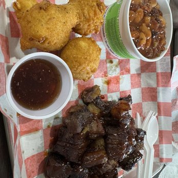 2nd Hand smoke BBQ - Pork burnt ends, corn nuggets, beans - Barbeque Near Me - Mattawan MI, Michigan