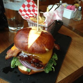 Drafts Burger Bar - pretzel bun .. apple smoke bacon .. buffalo medium rare .. BBQ sauce AND truffle fries?? BOOM - American Near Me - Park City, Utah Drafts Burger Bar - pretzel bun .. apple smoke bacon .. buffalo medium rare .. BBQ sauce AND truffle fries?? BOOM - American Near Me - Park City, Utah