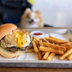 Konjoe Burger - Konjoe Burger w/ jack cheese, pickled jalapenos, sunny side egg, grilled onions, konjoe sauce, sweet bun | $15 (fries not included)