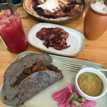 Javelina - Blue corn elk tacos, boar bacon , blue corn buttermilk pancakes covered in Huckleberry compote - Cocktail Bars Near Me - Portland, Oregon Javelina - Blue corn elk tacos, boar bacon , blue corn buttermilk pancakes covered in Huckleberry compote - Cocktail Bars Near Me - Portland, Oregon