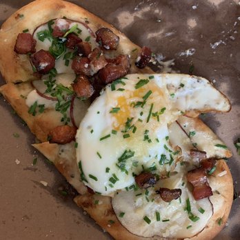Union Hall - Truffled Bacon, Egg, and Cheese flatbread (takeout) - Gastropubs Near Me - Hoboken, New Jersey
