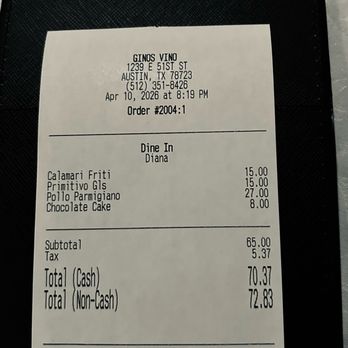 Gino's Vino Osteria - Bill for one without tip - Italian Near Me - Austin, Texas