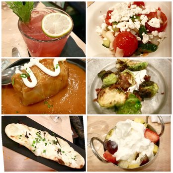 AMBAR Restaurant, Clarendon - Tangerine smash, cucumber tomato salad, stuffed cabbage, Brussels sprouts, white flatbread, Balkan tres leches - Modern European Near Me - Arlington, Virginia