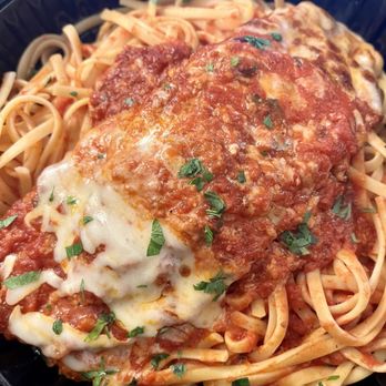 Osteria by Capri - Eggplant parm over linguine, $27 - Italian Near Me - Downers Grove, Illinois