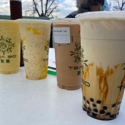 (Left to right): mango sago, Premium Oolong Milk Tea, Hand Crafted Brown Sugar Boba Milk