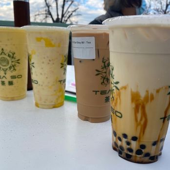 Tea So - (Left to right): mango sago, Premium Oolong Milk Tea, Hand Crafted Brown Sugar Boba Milk - Desserts Near Me - Castro Valley, California