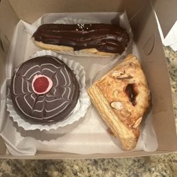 Chocolate eclair, cherry turnover, chocolate raspberry ganache cake.