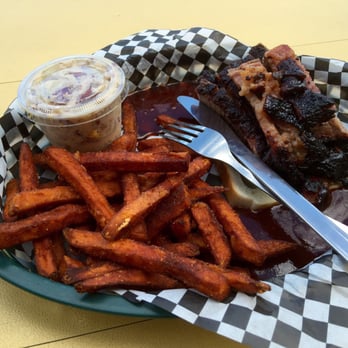 Steamboat BBQ - Brisket Dinner with Sweet Potato Fries ($1 extra) and the bacon potato salad. - Barbeque Near Me - Wheaton, Illinois Steamboat BBQ - Brisket Dinner with Sweet Potato Fries ($1 extra) and the bacon potato salad. - Barbeque Near Me - Wheaton, Illinois