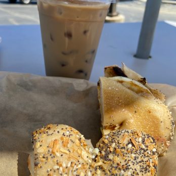 Back Home Bagels - So good. A toasted bagel with egg and a delicious salted caramel iced coffee, so much better than Dunkin!! - Breakfast & Brunch Near Me - Schnecksville, Pennsylvania