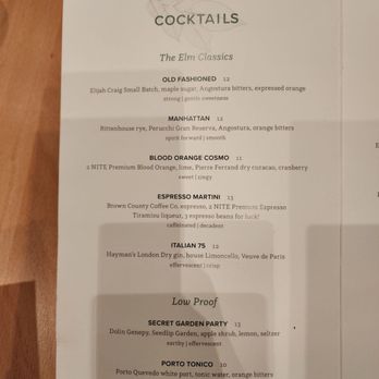 The Elm - Drink menu - New American Near Me - Bloomington, Indiana