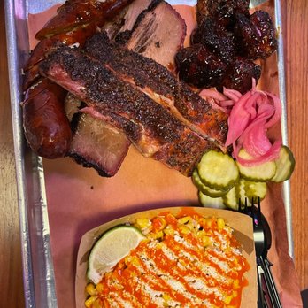 Hurtado Barbecue - The Texas trinity w/ burnt ends and smoked elote - Barbeque Near Me - Arlington, Texas Hurtado Barbecue - The Texas trinity w/ burnt ends and smoked elote - Barbeque Near Me - Arlington, Texas