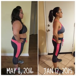 Holly Leo NP - Side view before/after. Size 16 to a size 4. Total inches lost: 46.25" all around!