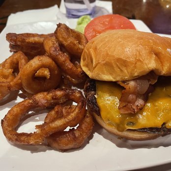 The Dillinger - Peanut butter burger with beer batter onion rings. - Bars Near Me - Boulder City, Nevada