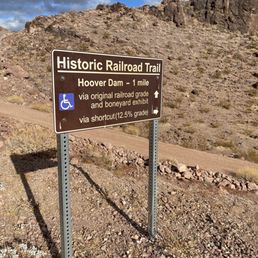 Historic Railroad Trail sign on the east side of the trail, just 1 mile away from Hoover Dam