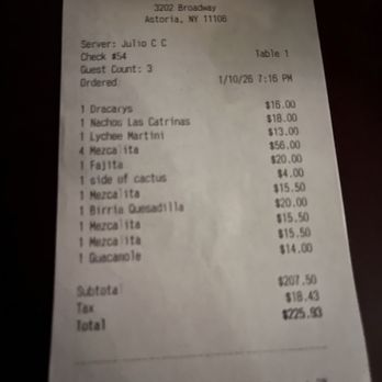 Las Catrinas Mexican Bar & Eatery - Party of 3 receipt - Cocktail Bars Near Me - Astoria, New York