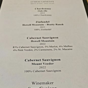 O'Shaughnessy Estate Winery - My fav was the zin & the Cab from Howell Mountain! Low tannins, w/full body. My companions preferred the cab from Mt Veeder, tannins, etc. - Wineries Near Me O'Shaughnessy Estate Winery - My fav was the zin & the Cab from Howell Mountain! Low tannins, w/full body. My companions preferred the cab from Mt Veeder, tannins, etc. - Wineries Near Me