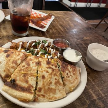 417 Union - Brunch Quesadilla  Candied bacon in the background. - Breakfast & Brunch Near Me - Nashville, Tennessee