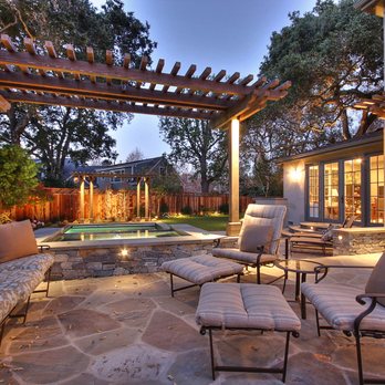 Verdance Landscape Architecture - Menlo Park back yard with bluestone patio, stained cedar arbors, and swimming pool and spa. - Landscape Architects or Designers Near Me - Palo Alto, California Verdance Landscape Architecture - Menlo Park back yard with bluestone patio, stained cedar arbors, and swimming pool and spa. - Landscape Architects or Designers Near Me - Palo Alto, California